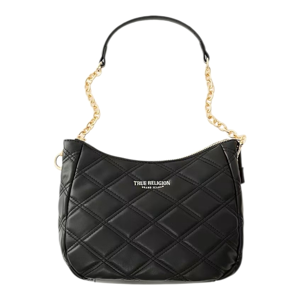 True Religion Quilted Chain Handbag Black Shoulder Purse Gold Chain Strap NEW